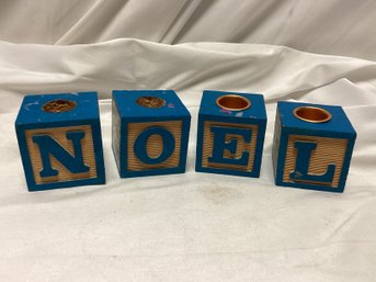 Vintage Wooden Block Taper Candleholder - Spells Noel