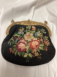 Antique Floral Embroidered Purse With Gold Tone Cherub Handle