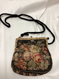 Antique Embroidered Floral Purse With Gone Tone Rose Design Rim