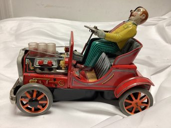 Vintage Oldtime Automobile Friction Tin Toy Car And Driver