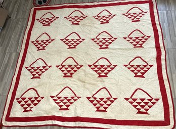 19th Century Red And White Basket Pattern Quilt