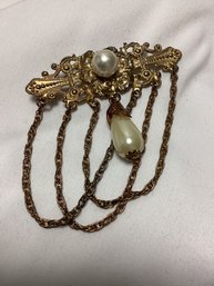 Vintage Florenze Style Dangling Brooch With Faux Pearl