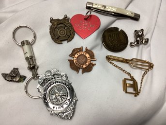 Vintage Pin And Keychain Lot - Military, Fireman Badge, And More