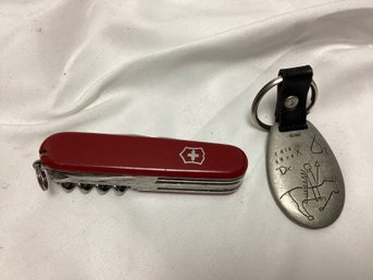 Swiss Army Knife And Pewter Coin Keychain