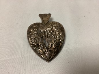 Antique Repousse Heart Shape Sterling Silver Posy Pin