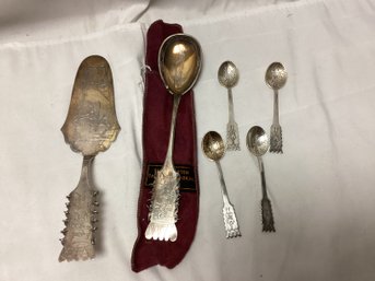 Fine Sweden 830 Silver Reindeer & Sled Engraved Serving Spoons And Cutlery