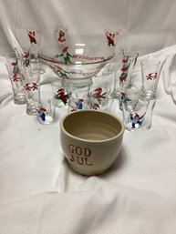 Glass Swedish Gnome Tom Tom Bowl With Shot Glasses