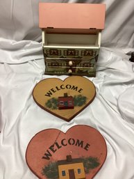 Wooden Rustic Decor - Wooden House & Two Wooden Welcome Heart Signs