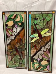 Pair Of 19th Century Art Deco Dragonfly Stained Glass Window Panels