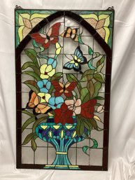 Modern Peacock Butterfly Design Stained Glass Window Panel