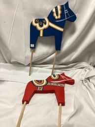 Pair Of Swedish Dala Horse Wooden Decor