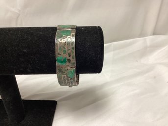 Vintage Taxco Sterling Silver Signed Bangle With Turquoise Inlay