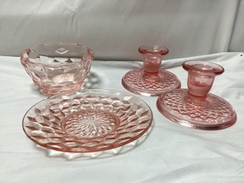 Pink Depression Glass Bowl, Plate, And Candle Holders