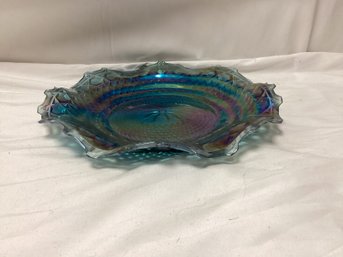 Vintage Iridescent Blue Carnival Ruffled Glass Bowl