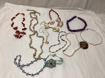 Coral, Shell, And Precious Stone Necklace Lot