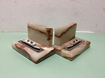 Marbled White Onyx With Ship Book Ends