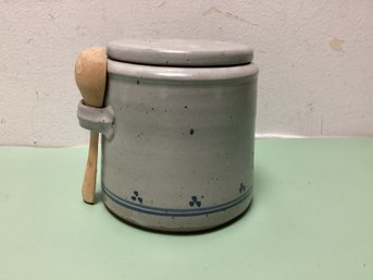 Lidded Vintage Pottery Bowl With Attached Spoon