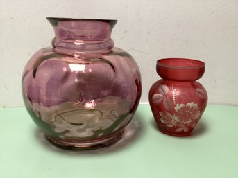 Cranberry Floral Accent Hand Painted Vase And Clear Vase