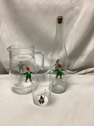 Hand Painted Gnome Tom Tom Pitcher, Mug, And Decanter