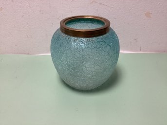 Antique Crackle Glass Blue Vase With Brass Rim