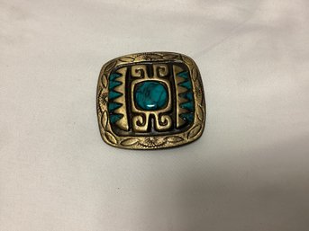 Aztec Turquoise And Gold Tone Belt Buckle