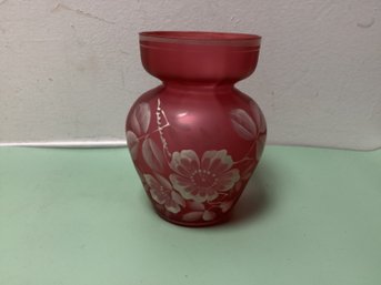 Victorian Cranberry Frosted Enamaled Floral Vase