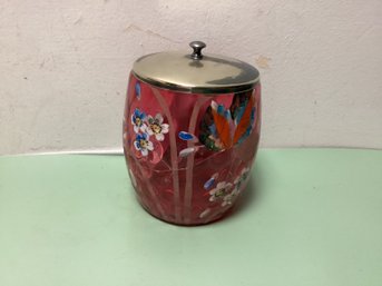 Cranberry Enameled Glass Pickle Jar