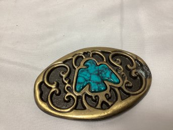 Native American Turquoise And Brass Belt Buckle