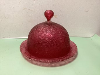 Antique Cranberry Frosted Glass Butter Dish