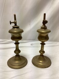 Pair Of Old Antique Brass French Oil Lamps