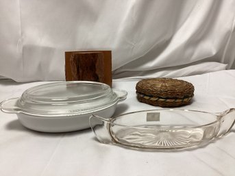 Corning Ware Dish, Weaved Basket Trinket Holder, And More