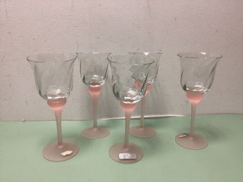 Romanian Pink Satin Glass Stem Glasses - Set Of 5