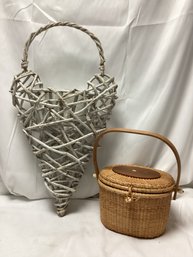 Wicker Hanging Heart Basket And Smaller Sewing Basket