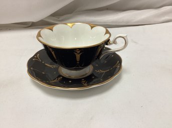 Royal Albert Tea Cup And Saucer Black And Raised Gold Gilt And Beaded
