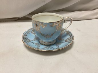 Queen Anne Blue With Raised Gold Accent Teacup & Saucer