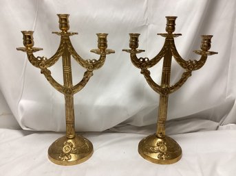 Pair Of Brass Candelabra Three Arm Candlestick W/classical Wreath Design