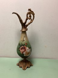 Antique Victorian Hand Painted On Brass Ewer