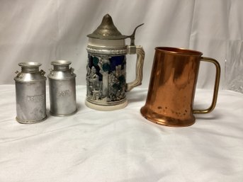 Vintage Salt & Pepper Shakers, Copper Mug, And Stein