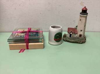 New York Painted Coasters, Moosehead Beer Shot Glass, And Lighthouse