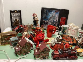 Large Lot Of Fireman Decor - Mugs, Clock, Figures, And More