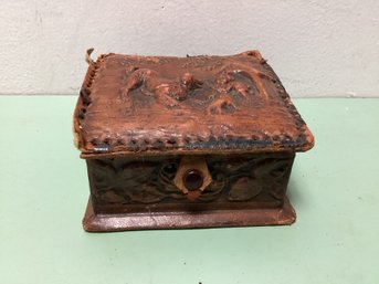 Antique Tooled Leather Dog Motif Jewelry Box