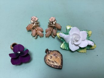 Pendant And Brooch Lot - Floral, Rhinestone, And More