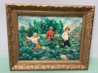 Signed Oil On Canvas Children Playing With Gold Ornate Frame