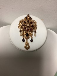 Florenza Signed Gold Tone Garnet With Opal Stones Victorian Revival Pin