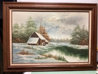 Oil On Canvas Winter Scene Signed Painting