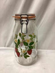 Vintage French Strawberry Motif Glass Canning Canister