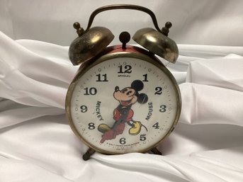 Vintage Mickey Mouse Alarm Clock Disney Windup Two Bells Bradley Red Collectible