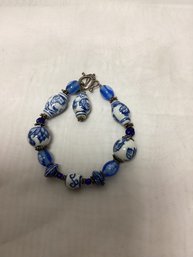 925 Sterling Clasp Hand Painted Blue/white Beaded Bracelet