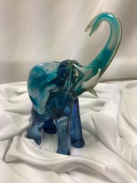 Hand Blown Glass Blue And White Elephant.