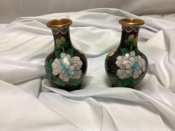 Pair Of Enameled And Brass Cloisonn Bud Vases